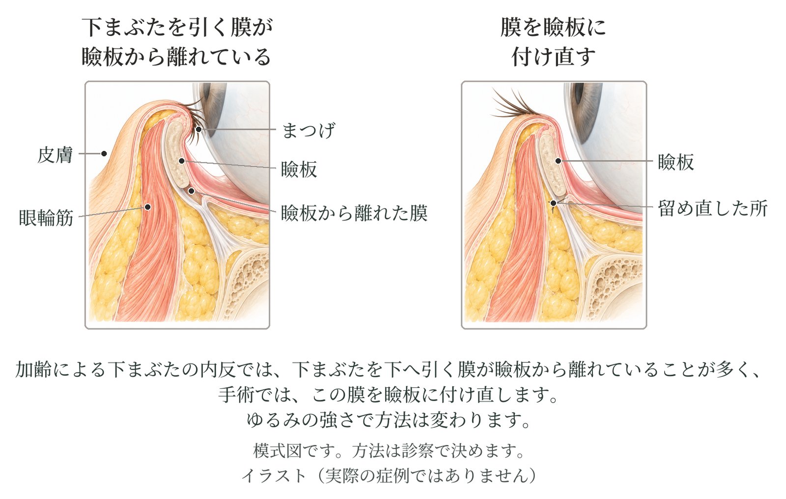 下まぶたの断面の模式図2つ。左は下まぶたを下へ引く膜が瞼板から離れている状態、右は膜を瞼板に付け直した状態