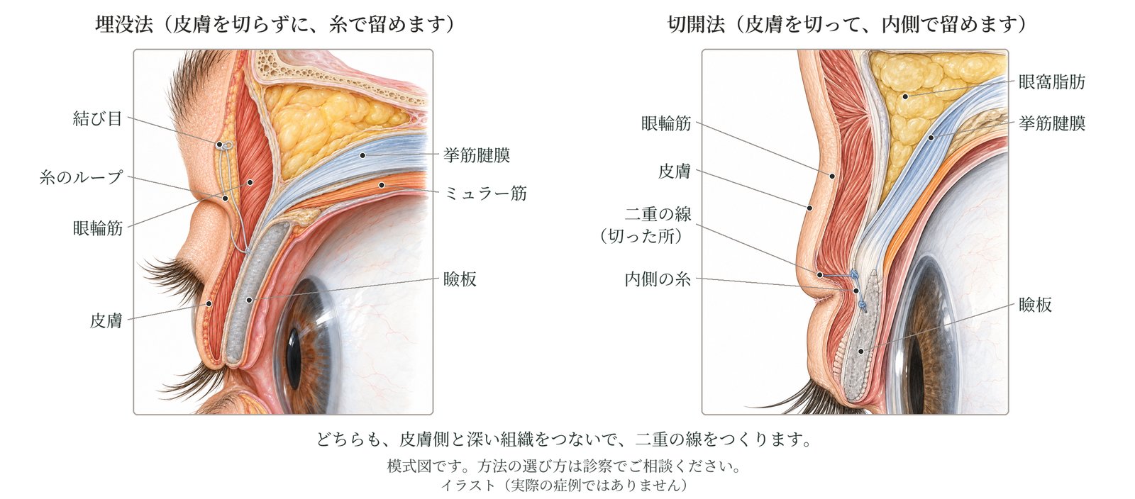 上まぶたの断面の模式図。埋没法は皮膚を切らずに糸のループで留める。切開法は二重の線にそって皮膚を切り、内側で留める。どちらも皮膚の側と深い組織をつないで二重の線をつくる
