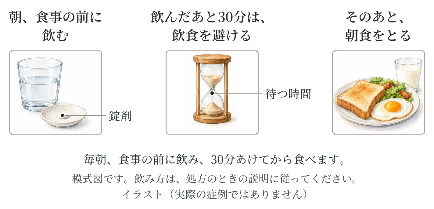 飲み方の流れのイラスト3コマ。朝、食事の前に水で錠剤を飲み、飲んだあと30分は飲食を避けて待ち、そのあと朝食をとる