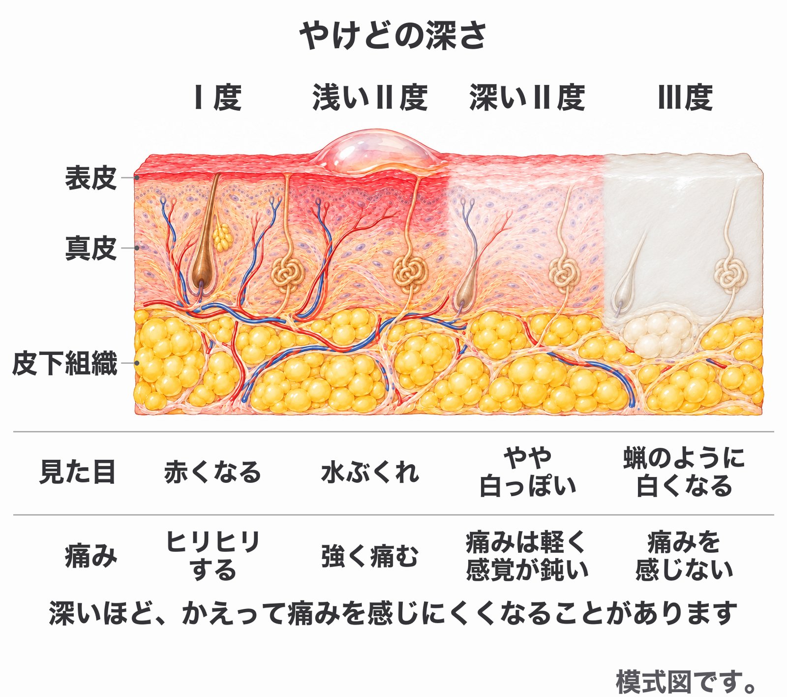 皮膚の断面の模式図。Ⅰ度は赤くなりヒリヒリする、浅いⅡ度は水ぶくれで強く痛む、深いⅡ度はやや白っぽく痛みは軽い、Ⅲ度は蝋のように白くなり痛みを感じない