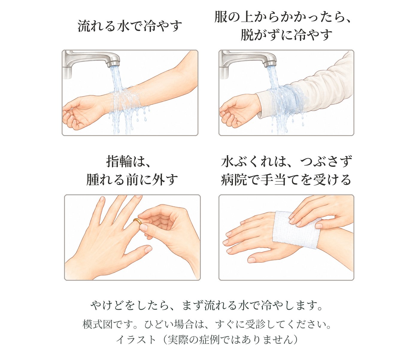 やけどの応急手当のイラスト4コマ。流れる水で冷やす、服の上からかかったら脱がずに冷やす、指輪は腫れる前に外す、水ぶくれはつぶさず清潔なガーゼで覆う